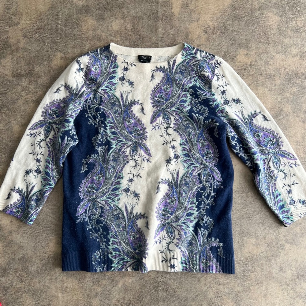 Talbots Cashmere Sweater Womens X Ivory Blue Paisley Print Crew Neck